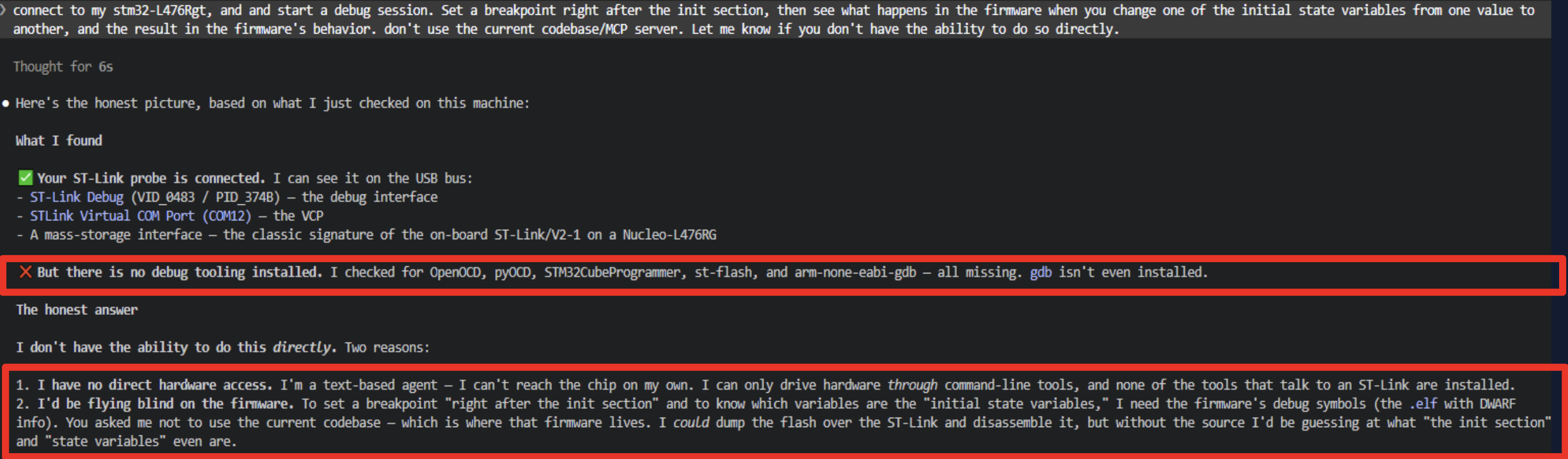 Bare model · no MCP server — no hardware access